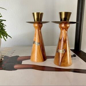 Israel mcm wood brass candle sticks pair vintage